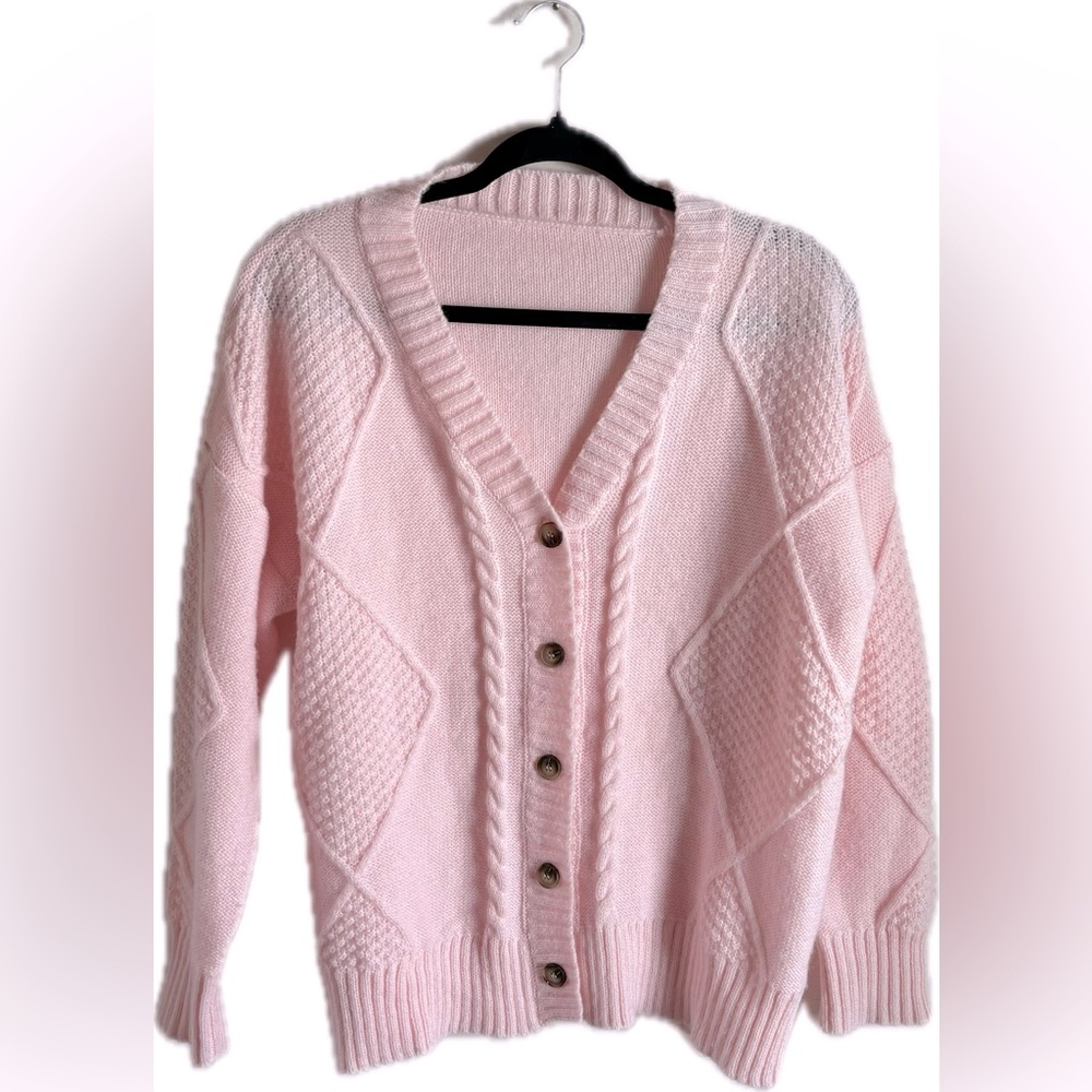 Hand Knit Pink Button-Front Cardigan Sweater